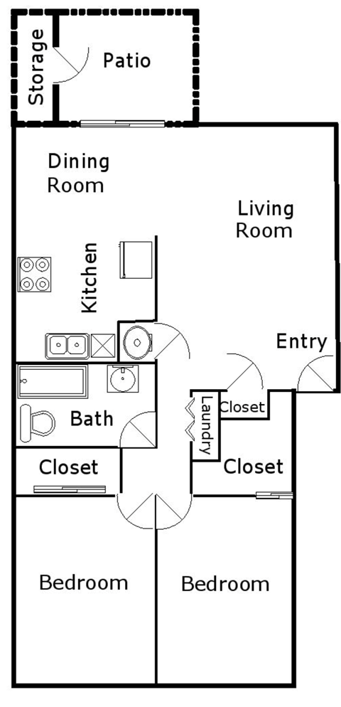 Floor plan for 2 beds, 1 bath, 900 sqft